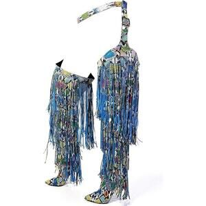 CAPE ROBBIN Belted Fringe Faux Leather Snake Print Stiletto Thigh-high Boots 5.5
